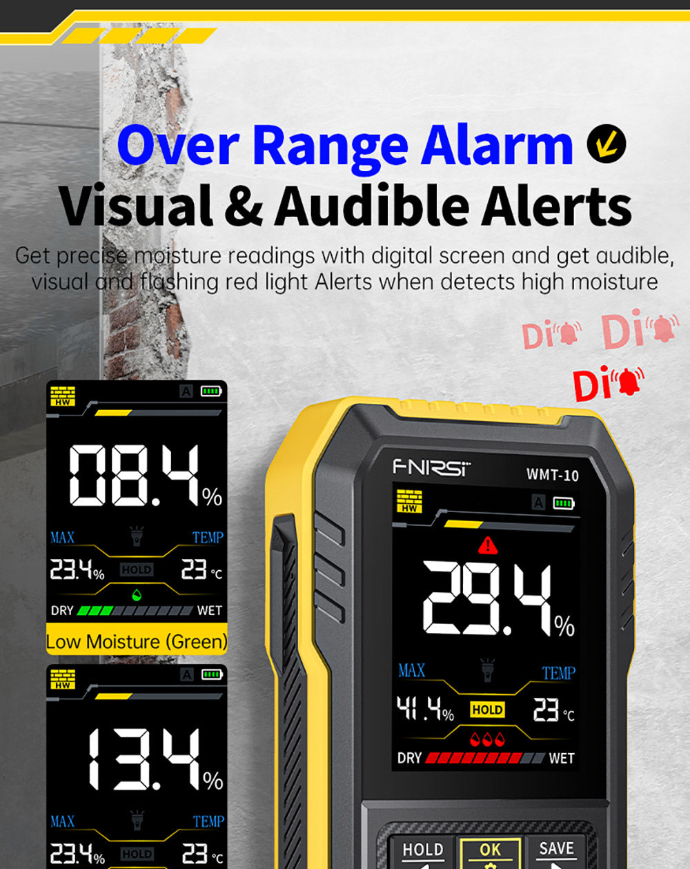 FNIRSI WMT-10 Bezdotykový vlhkoměr, 2,4-palcový displej, hĺbka merania 17 mm