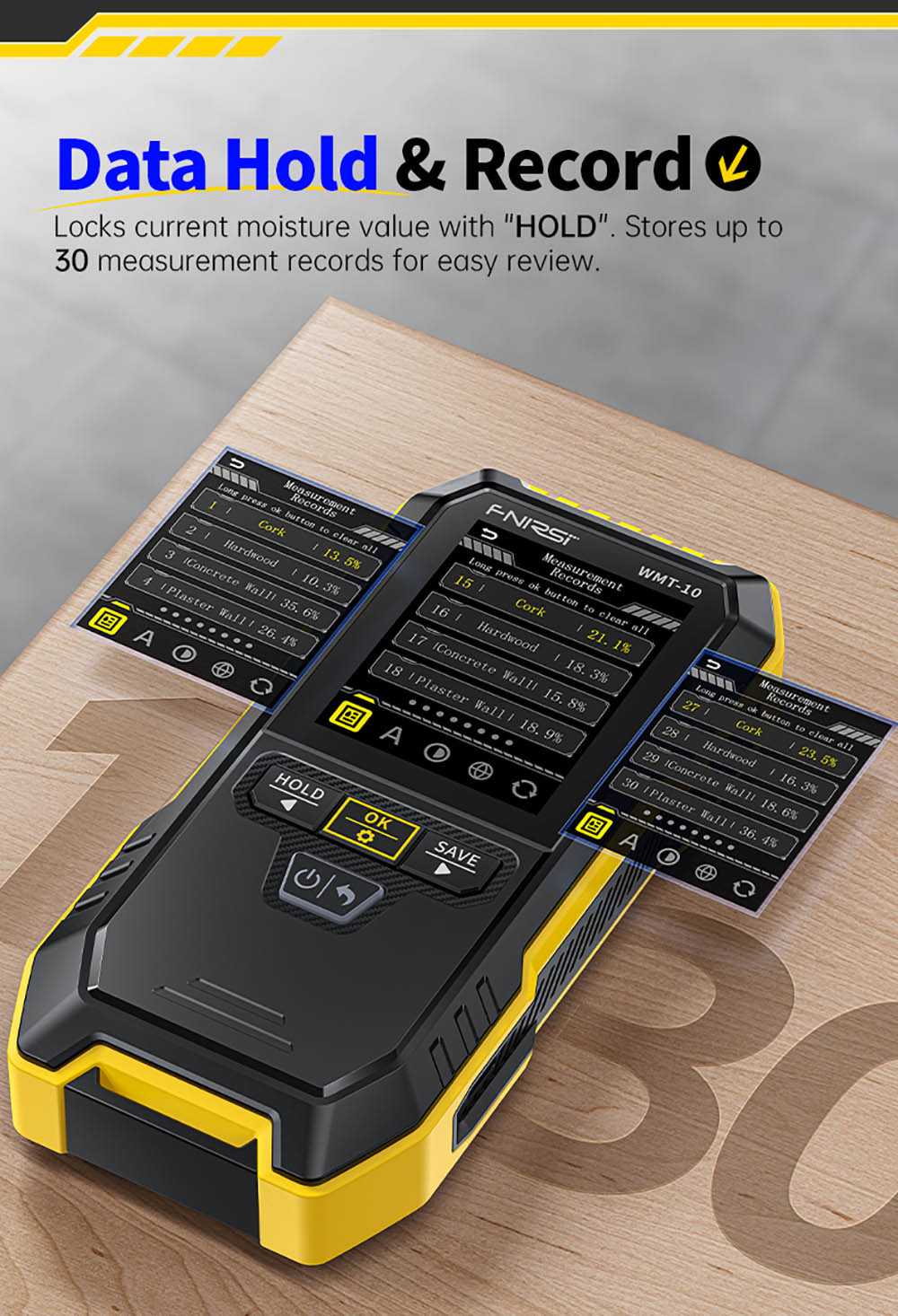 FNIRSI WMT-10 Bezdotykový vlhkoměr, 2,4-palcový displej, hĺbka merania 17 mm