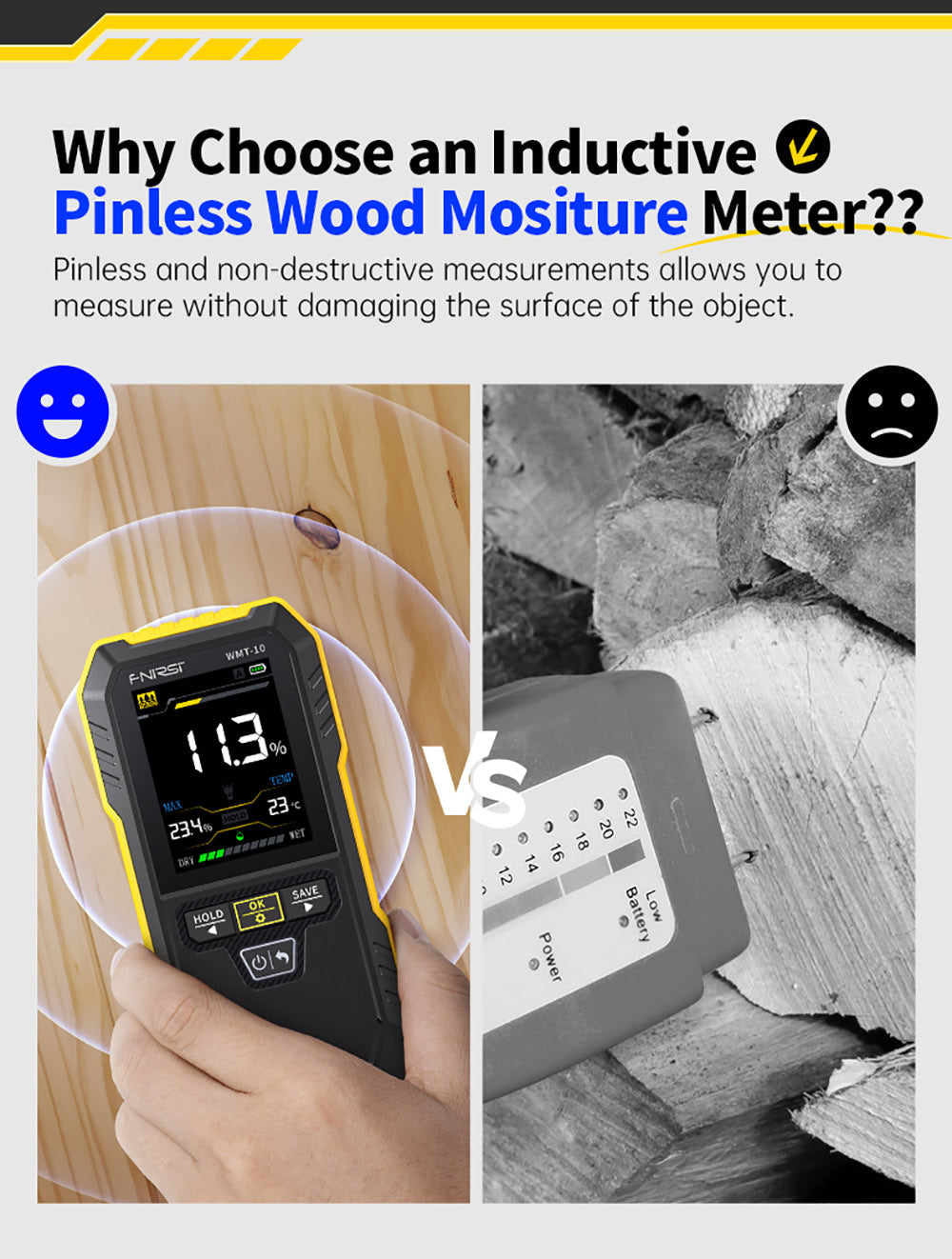 FNIRSI WMT-10 Bezdotykový vlhkoměr, 2,4-palcový displej, hĺbka merania 17 mm