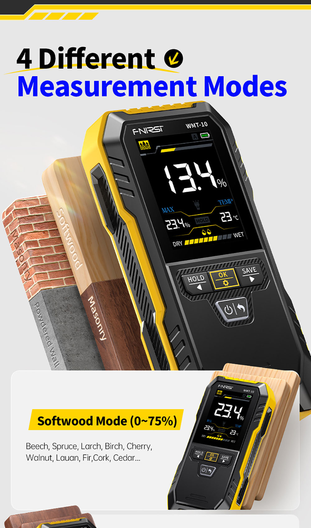 FNIRSI WMT-10 Bezdotykový vlhkoměr, 2,4-palcový displej, hĺbka merania 17 mm
