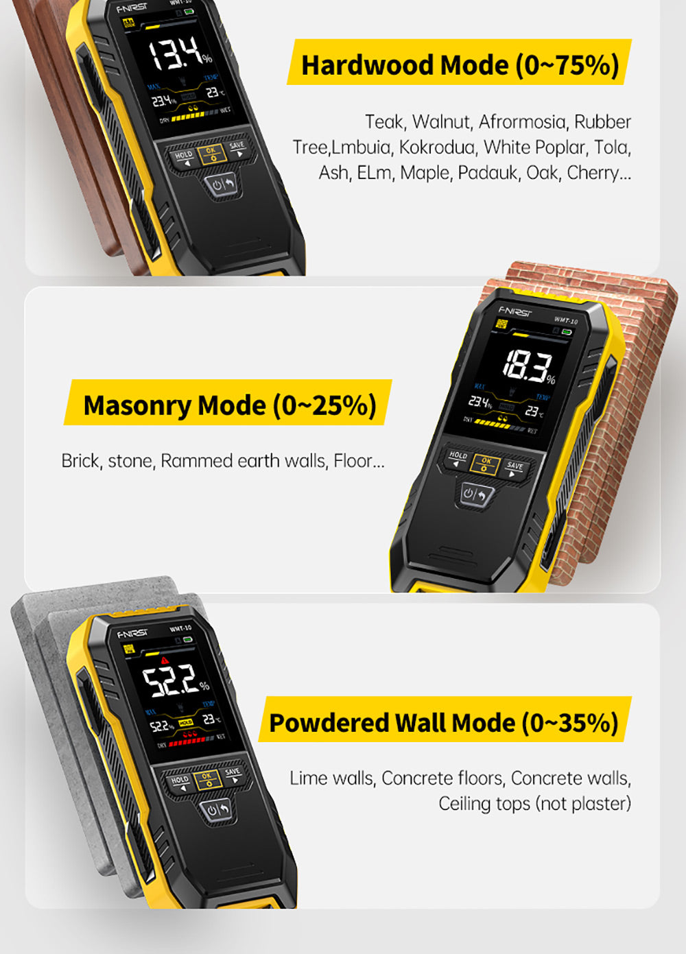 FNIRSI WMT-10 Bezdotykový vlhkoměr, 2,4-palcový displej, hĺbka merania 17 mm
