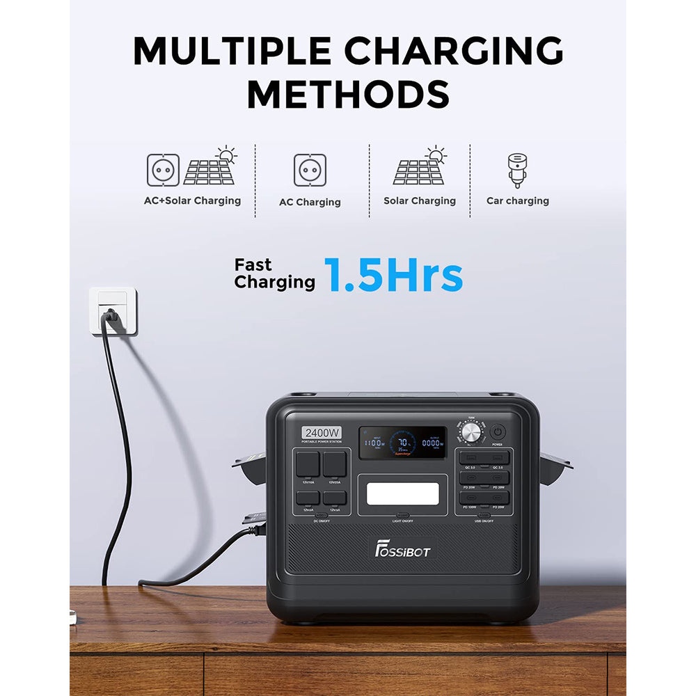 FOSSiBOT F2400 Portable Power Station, 2048Wh LiFePO4 Battery 2400W Output Solar Generator, 3xAC RV Car USB Type-C QC3.0 PD DC5521 Pure Sine Wave Full Outlets, 1.5 Hours Fast Charging, Input Power Adjustment Knob, Bidirectional Inverter - Green