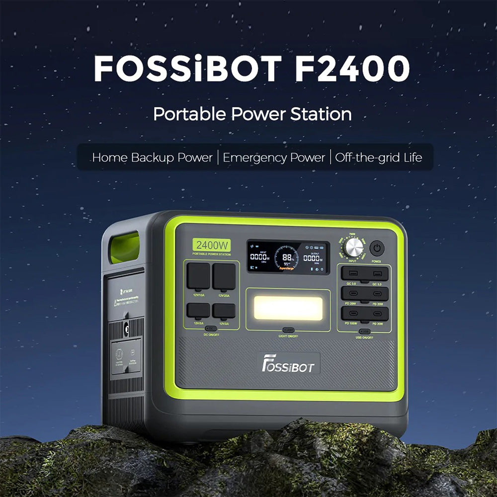FOSSiBOT F2400 Portable Power Station, 2048Wh LiFePO4 Battery 2400W Output Solar Generator, 3xAC RV Car USB Type-C QC3.0 PD DC5521 Pure Sine Wave Full Outlets, 1.5 Hours Fast Charging, Input Power Adjustment Knob, Bidirectional Inverter - Green