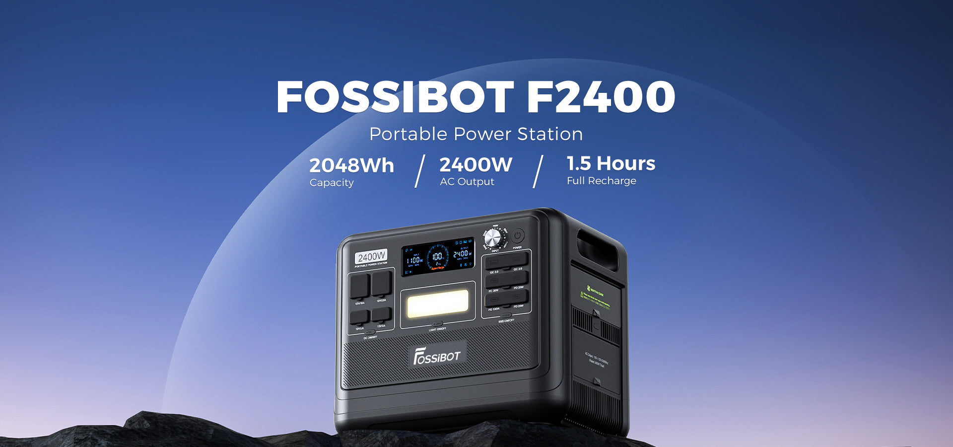 Prenosná elektráreň FOSSiBOT F2400, 2048Wh LiFePO4 batéria, 2400W výstupný solárny generátor, 3xAC, USB Type-C QC3.0 PD DC5521, čistá sinusoida, plné zásuvky, 1,5 hodiny rýchleho nabíjania, ovládací gombík na nastavenie vstupného výkonu, obojsmerný menič - zelená