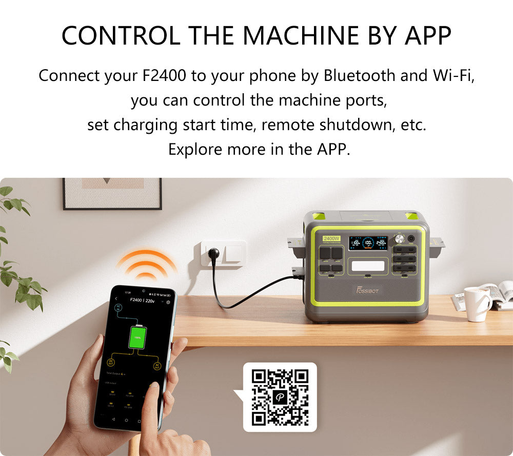 Prenosná elektráreň FOSSiBOT F2400, 2048Wh LiFePO4 batéria, 2400W výstupný solárny generátor, 3xAC, USB Type-C QC3.0 PD DC5521, čistá sinusoida, plné zásuvky, 1,5 hodiny rýchleho nabíjania, ovládací gombík na nastavenie vstupného výkonu, obojsmerný menič - zelená