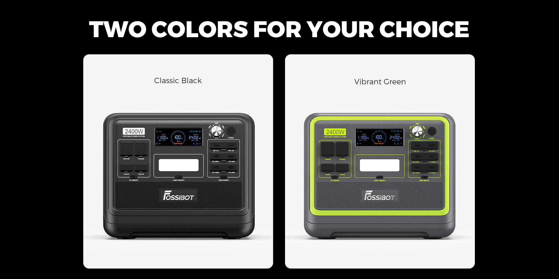 Prenosná elektráreň FOSSiBOT F2400, 2048Wh LiFePO4 batéria, 2400W výstupný solárny generátor, 3xAC, USB Type-C QC3.0 PD DC5521, čistá sinusoida, plné zásuvky, 1,5 hodiny rýchleho nabíjania, ovládací gombík na nastavenie vstupného výkonu, obojsmerný menič - zelená