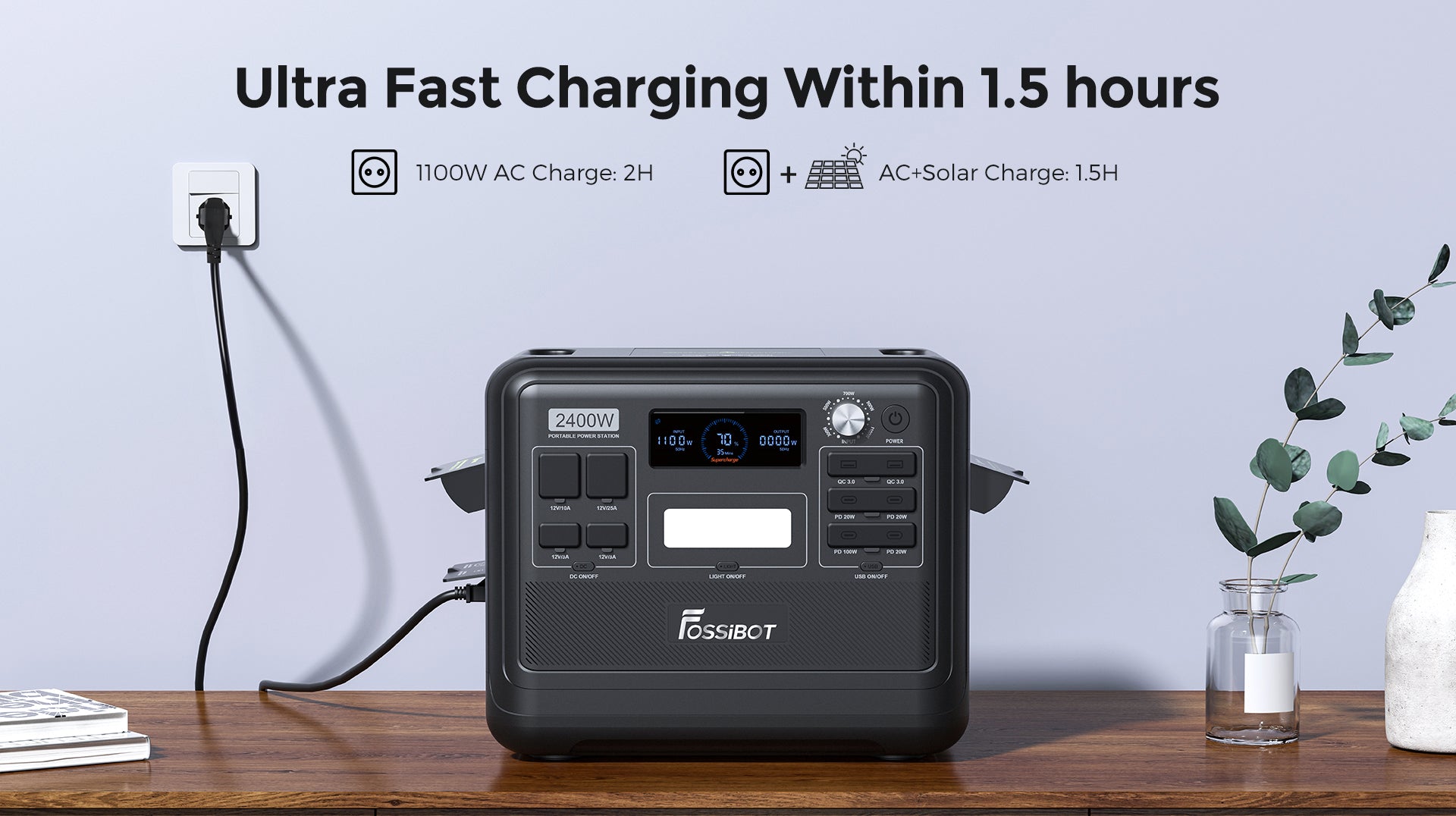 Prenosná elektráreň FOSSiBOT F2400, 2048Wh LiFePO4 batéria, 2400W výstupný solárny generátor, 3xAC, USB Type-C QC3.0 PD DC5521, čistá sinusoida, plné zásuvky, 1,5 hodiny rýchleho nabíjania, ovládací gombík na nastavenie vstupného výkonu, obojsmerný menič - zelená