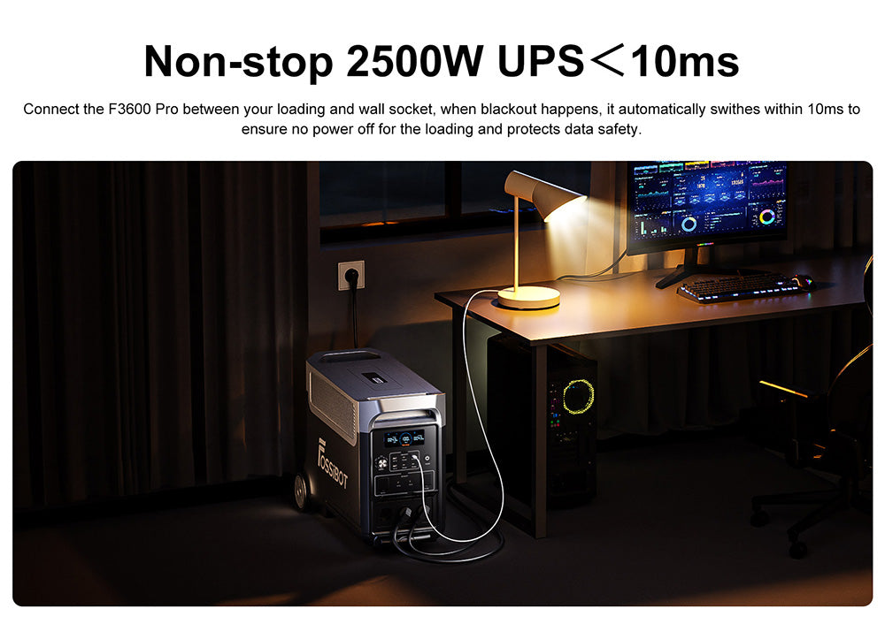 Prenosná elektráreň FOSSiBOT F3600 Pro, rozširiteľná kapacita s 2 batériovými blokmi, 3840Wh lítium-iónová batéria, 3600W vysoký striedavý výstup, 2000W maximálne solárne nabíjanie, 1,5 hodiny na úplné nabitie, 13 výstupných portov, LED svietidlo, 5 rýchlostí nabíjania