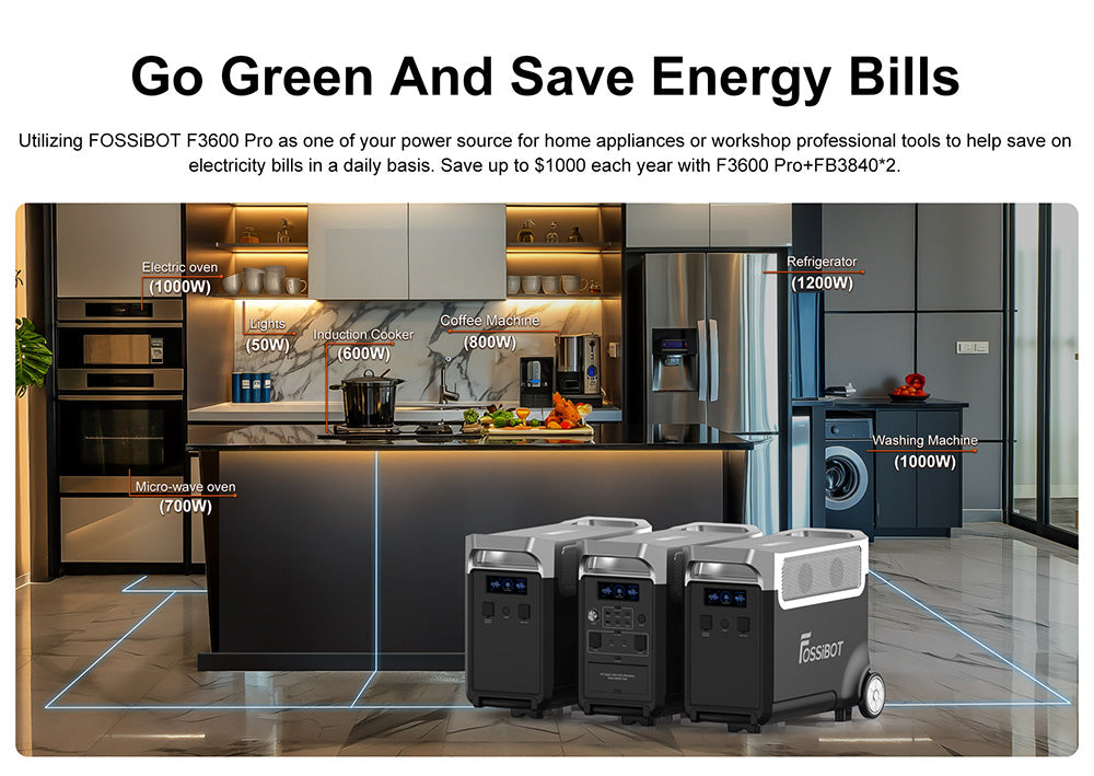 Prenosná elektráreň FOSSiBOT F3600 Pro, rozširiteľná kapacita s 2 batériovými blokmi, 3840Wh lítium-iónová batéria, 3600W vysoký striedavý výstup, 2000W maximálne solárne nabíjanie, 1,5 hodiny na úplné nabitie, 13 výstupných portov, LED svietidlo, 5 rýchlostí nabíjania