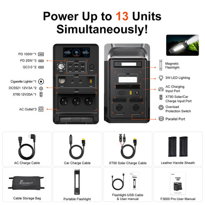 FOSSiBOT F3600 Pro Portable Power Station, 3840Wh LiFePO4 Battery, Max. 11520Wh Expansion, 3600W High AC Output, 2000W Max Solar Charge, 1.5h Full Charge, PD 100W, 13 Output Ports, LED Flashlight, UPS, APP Control