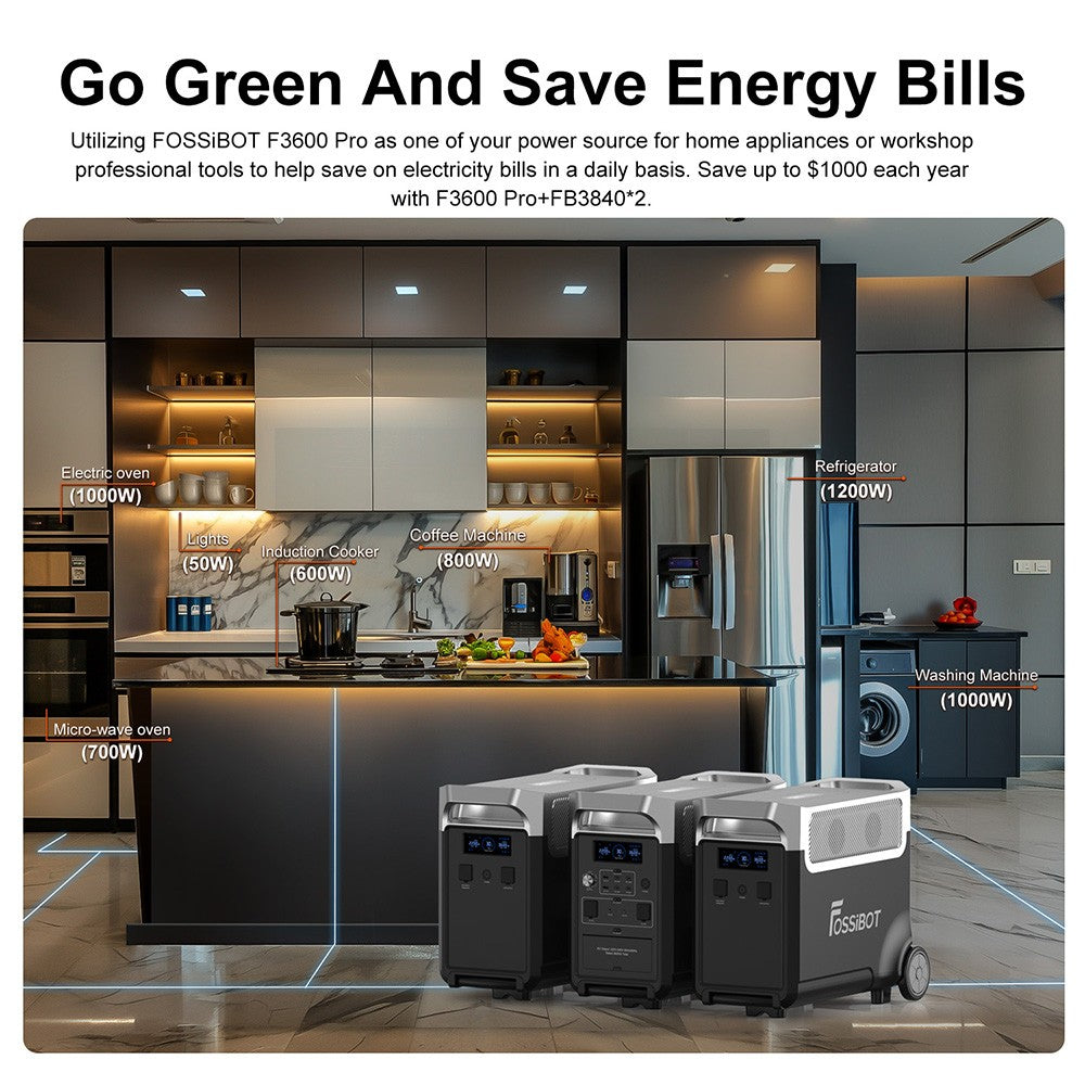 FOSSiBOT F3600 Pro Portable Power Station, 3840Wh LiFePO4 Battery, Max. 11520Wh Expansion, 3600W High AC Output, 2000W Max Solar Charge, 1.5h Full Charge, PD 100W, 13 Output Ports, LED Flashlight, UPS, APP Control