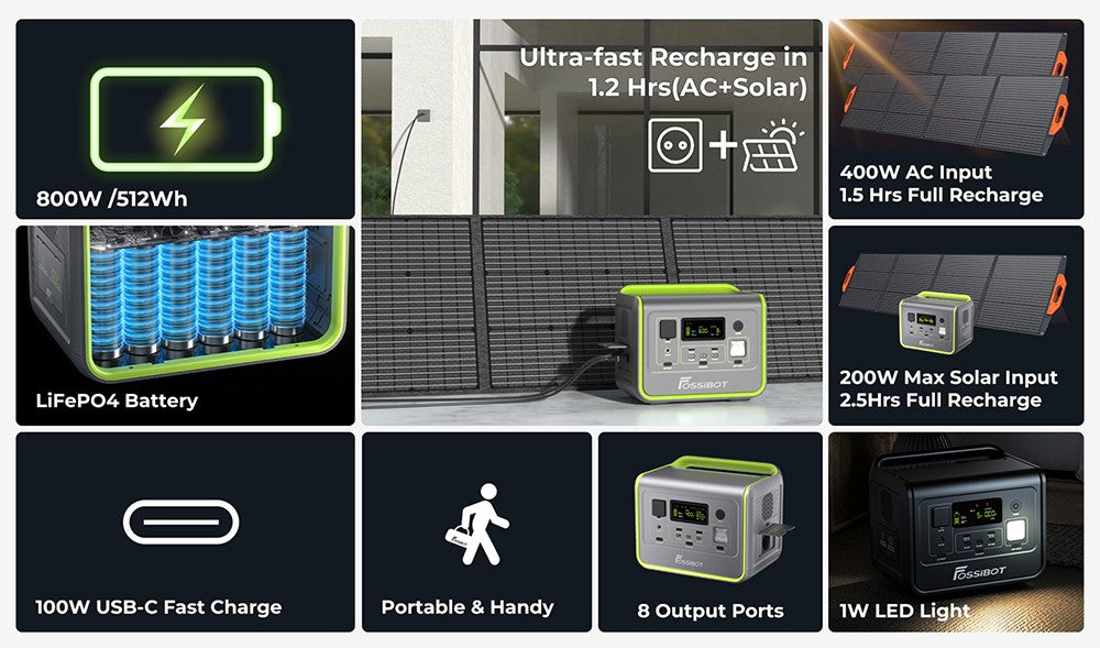 Prenosná elektráreň FOSSiBOT F800, solárny generátor 512Wh LiFePO4, 800W AC výstup, 200W max. solárny vstup, 8 zásuviek, LED svetlo - zelená