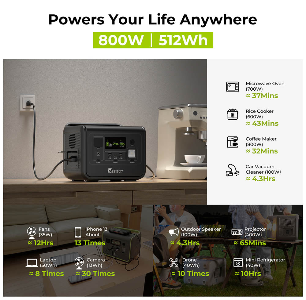 Prenosná elektráreň FOSSiBOT F800, solárny generátor 512Wh LiFePO4, 800W AC výstup, 200W max. solárny vstup, 8 zásuviek, LED svetlo - zelená