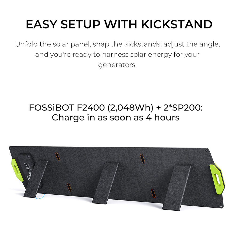 Skladný solárny panel FOSSiBOT SP200 200W, vysoká účinnost článkov 23,4 %, povrchová úprava ETFE, nastavitelné stojany pre domácnosť, karavan, kemping, čierna - zelená