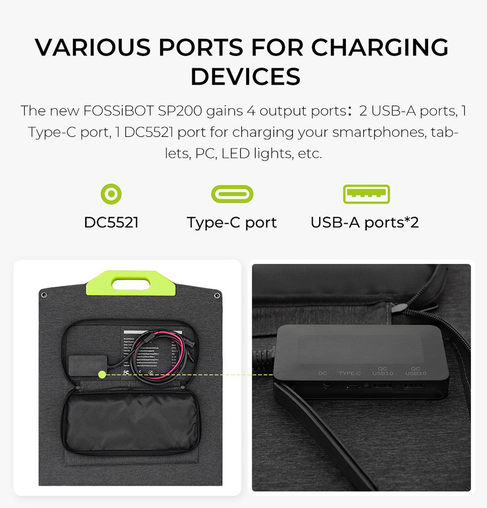 Skladný solárny panel FOSSiBOT SP200 200W, vysoká účinnost článkov 23,4 %, povrchová úprava ETFE, nastavitelné stojany pre domácnosť, karavan, kemping, čierna - zelená