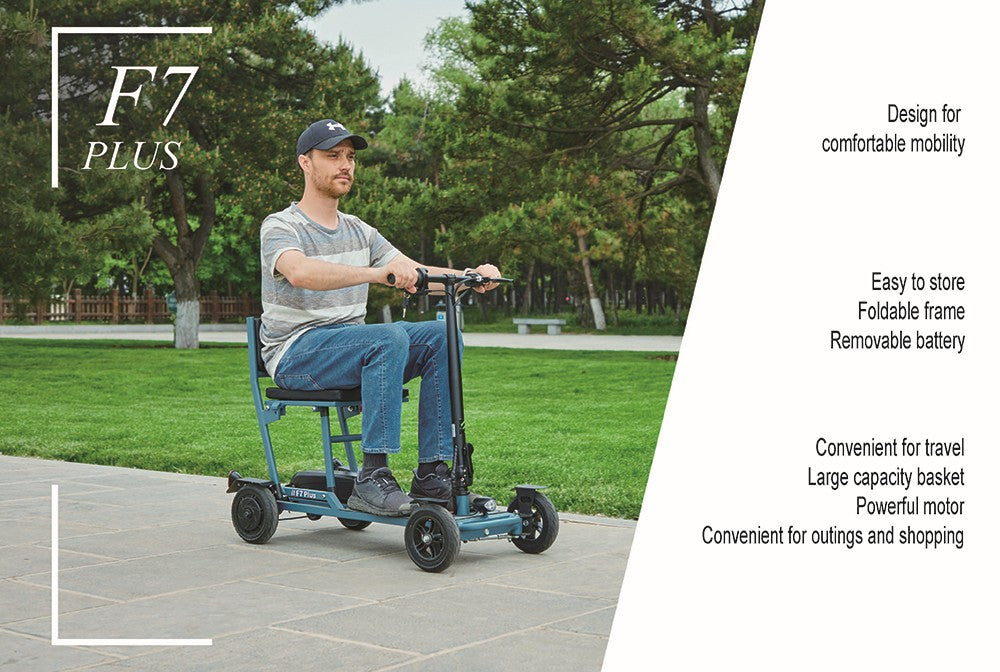 Štvorkolkový elektrický skúter Freejoyer F7 Plus s posedením, 300W motor, 36V 21AH batéria, max. rýchlosť 15 km/h, max. dojazd 35 km - šedo-modrá