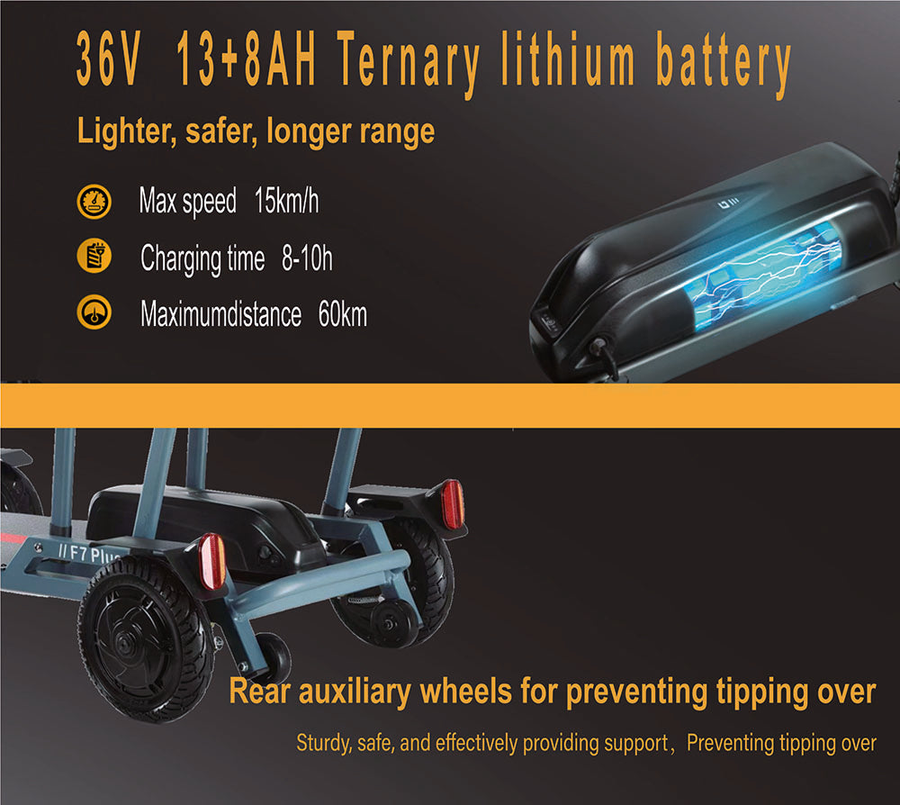 Štvorkolkový elektrický skúter Freejoyer F7 Plus s posedením, 300W motor, 36V 21AH batéria, max. rýchlosť 15 km/h, max. dojazd 35 km - šedo-modrá