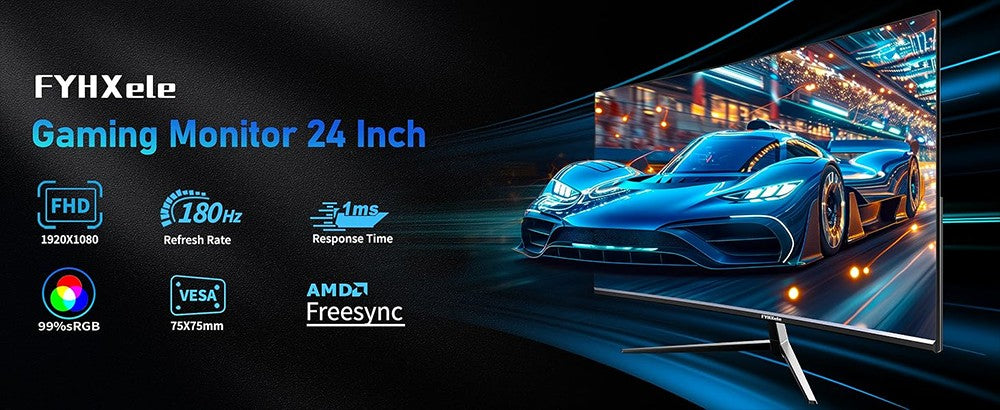 Herný monitor FYHXele FY24FHR s 24" IPS displejom, rozlíšením 1920*1080 (16:9), obnovovacou frekvenciou 180 Hz, časom odezvy 1 ms (MPRT), pokrytím 99 % sRGB, technológiami AMD FreeSync a Adaptive-Sync, HDR10, uhlom pohľadu 178° a možnosťou upevnenia na stenu pomocou VESA 75*75 mm.