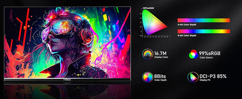 Herný monitor FYHXele FY24FHR s 24" IPS displejom, rozlíšením 1920*1080 (16:9), obnovovacou frekvenciou 180 Hz, časom odezvy 1 ms (MPRT), pokrytím 99 % sRGB, technológiami AMD FreeSync a Adaptive-Sync, HDR10, uhlom pohľadu 178° a možnosťou upevnenia na stenu pomocou VESA 75*75 mm.