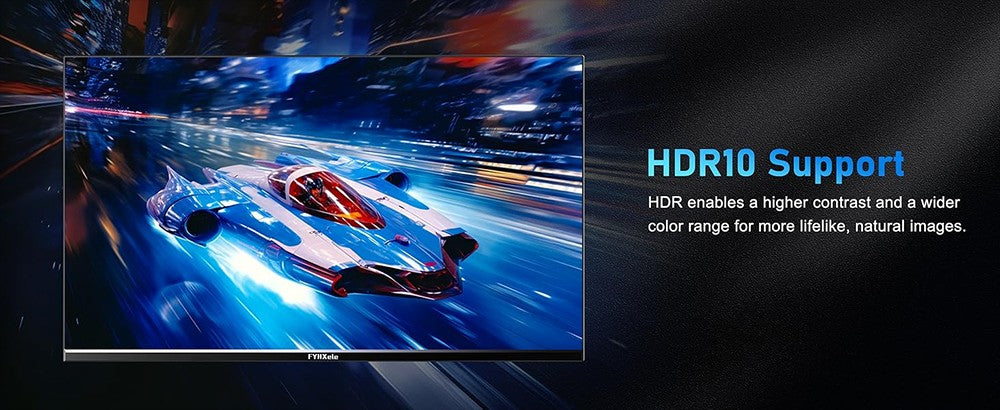 Herný monitor FYHXele FY24FHR s 24" IPS displejom, rozlíšením 1920*1080 (16:9), obnovovacou frekvenciou 180 Hz, časom odezvy 1 ms (MPRT), pokrytím 99 % sRGB, technológiami AMD FreeSync a Adaptive-Sync, HDR10, uhlom pohľadu 178° a možnosťou upevnenia na stenu pomocou VESA 75*75 mm.