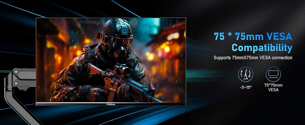 Herný monitor FYHXele FY24FHR s 24" IPS displejom, rozlíšením 1920*1080 (16:9), obnovovacou frekvenciou 180 Hz, časom odezvy 1 ms (MPRT), pokrytím 99 % sRGB, technológiami AMD FreeSync a Adaptive-Sync, HDR10, uhlom pohľadu 178° a možnosťou upevnenia na stenu pomocou VESA 75*75 mm.