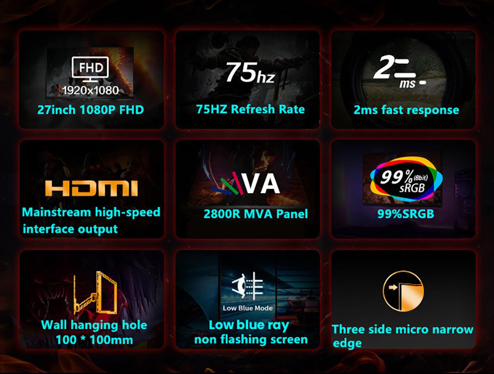 Herný monitor FYHXele FY24FMC-B, 24 palcový 1080P FHD 16:9 VA displej, obnovovacia frekvencia 75 Hz, 2800R MVA panel, doba odezvy 2 ms, 99 % sRGB, nastaviteľný sklon, čierna farba.
