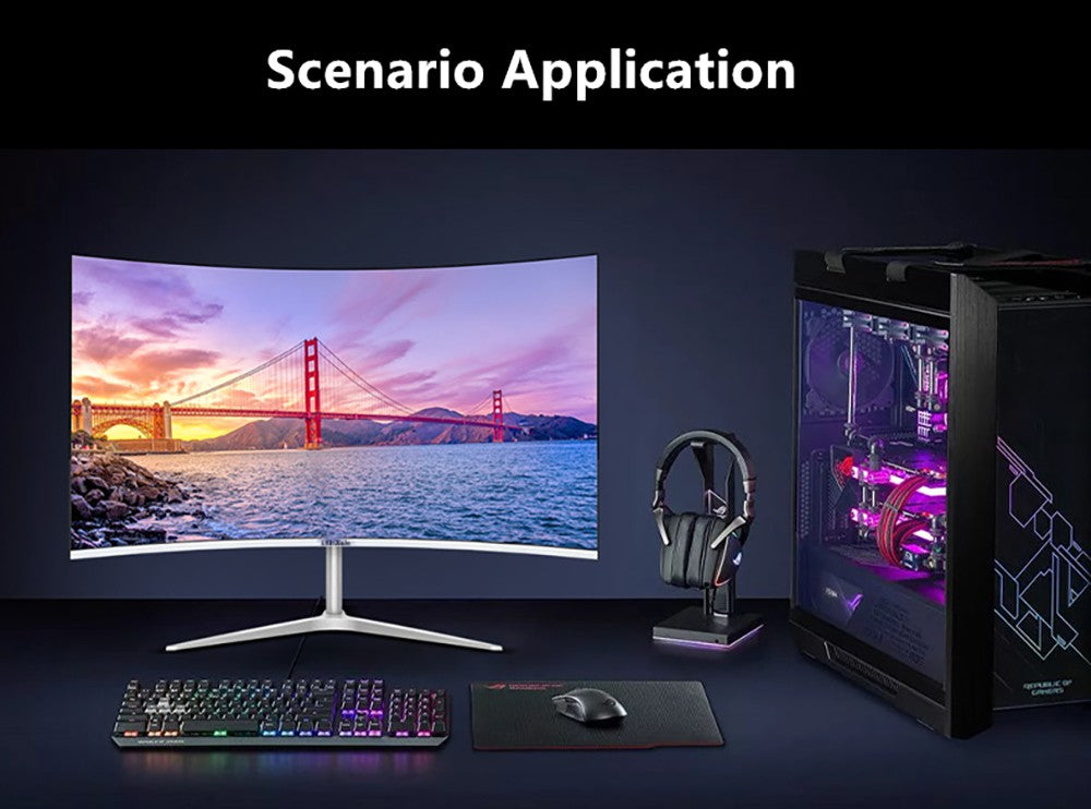 Herný monitor FYHXele FY24FMC-B, 24 palcový 1080P FHD 16:9 VA displej, obnovovacia frekvencia 75 Hz, 2800R MVA panel, doba odezvy 2 ms, 99 % sRGB, nastaviteľný sklon, čierna farba.