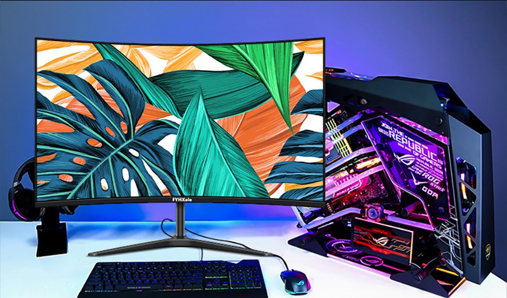 Herný monitor FYHXele FY24FMC-W, 24 palcový 1080P FHD 16:9 VA displej, obnovovacia frekvencia 75 Hz, 2800R MVA panel, doba odezvy 2 ms, 99 % sRGB, nastaviteľný sklon, biela farba