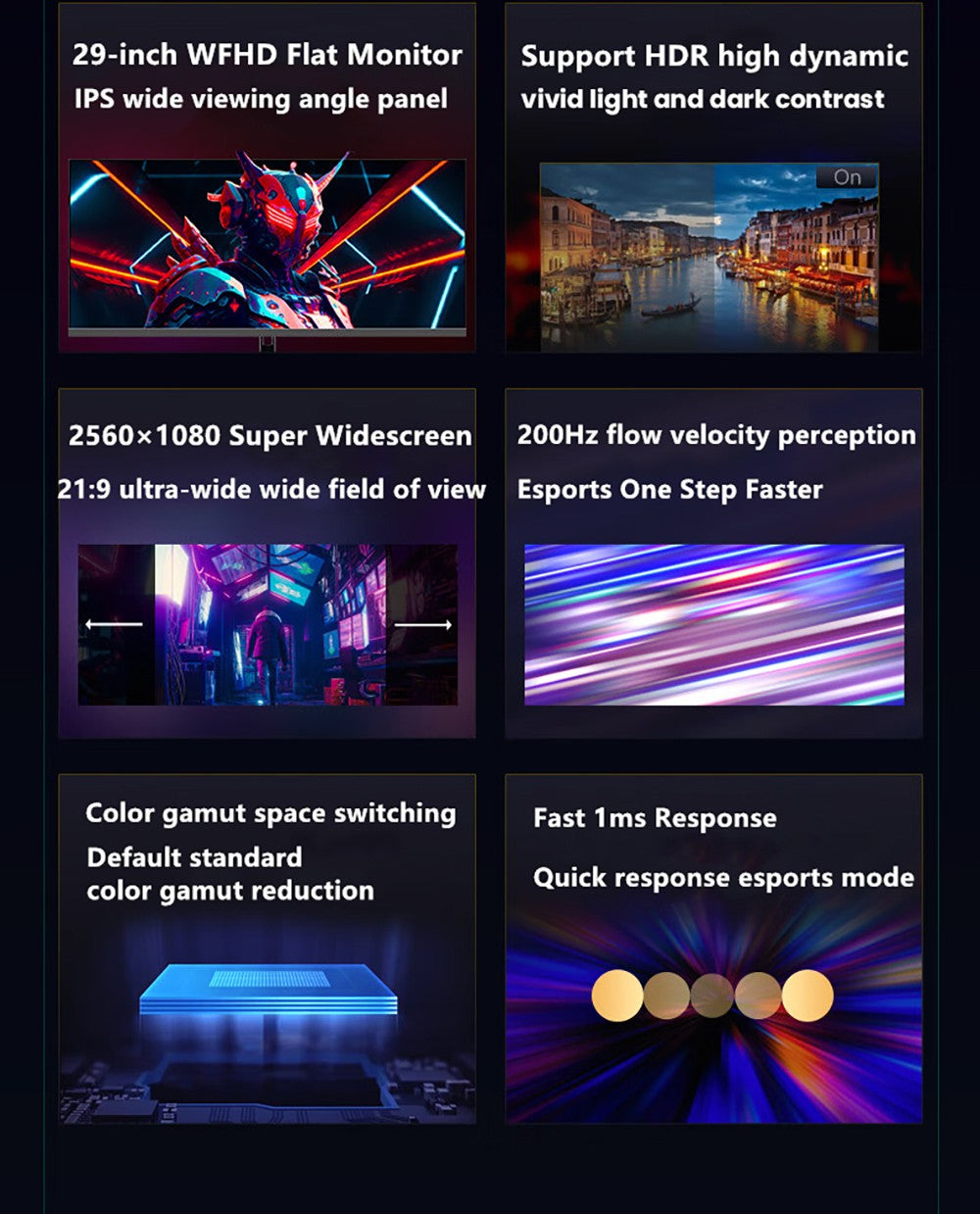 Monitor FYHXele FY29Q2H s 29-palcovou obrazovkou, rozlíšením 2560*1080 WFHD 21:9 IPS, obnovovacou frekvenciou 200 Hz, časom odezvy 1 ms, 100% sRGB, kontrastom 1000:1, kompatibilný s FreeSync a G-Sync, HDR, Game Plus, DC Dimming, 2x DP1.4, 2x HDMI 2.1, 1x audio, nastavenie sklonu a uchytenie VESA.
