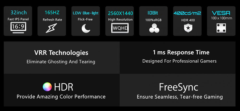 FYHXele FY32QH 32-palcový monitor, 2560*1440 WQHD 16:9 IPS displej, obnovovacia frekvencia 165 Hz, doba odezvy 1 ms (MPRT), 100 % sRGB, kontrast 3000:1, kompatibilný s FreeSync a G-Sync, HDR 400, nízke modré svetlo, 2*DP1.4 2*HDMI 2.1 1*Audio
