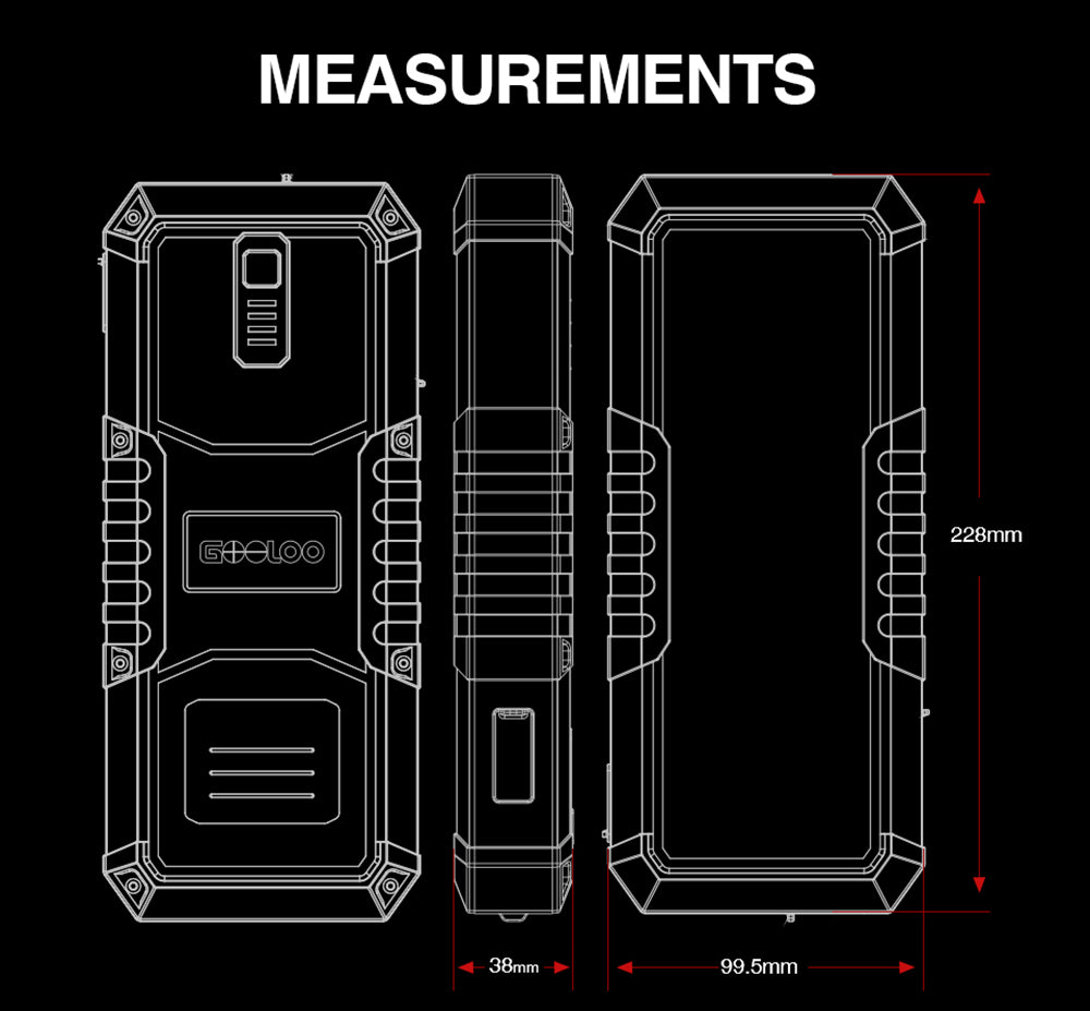 GOOLOO GP4000 PRO štartovací prístroj, 26800mAh powerbanka, 4000A špičkový prúd, 15V 10A DC výstup, 1W biela LED, 10L nafta