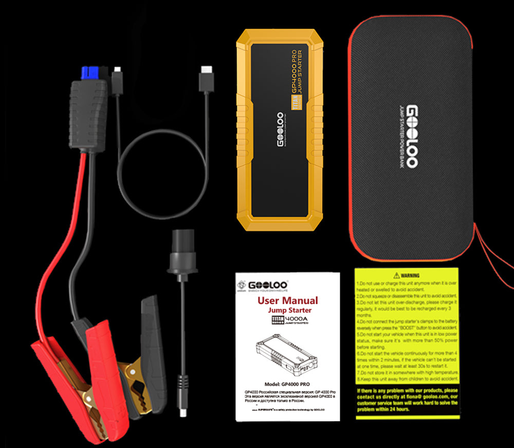 GOOLOO GP4000 PRO štartovací prístroj, 26800mAh powerbanka, 4000A špičkový prúd, 15V 10A DC výstup, 1W biela LED, 10L nafta