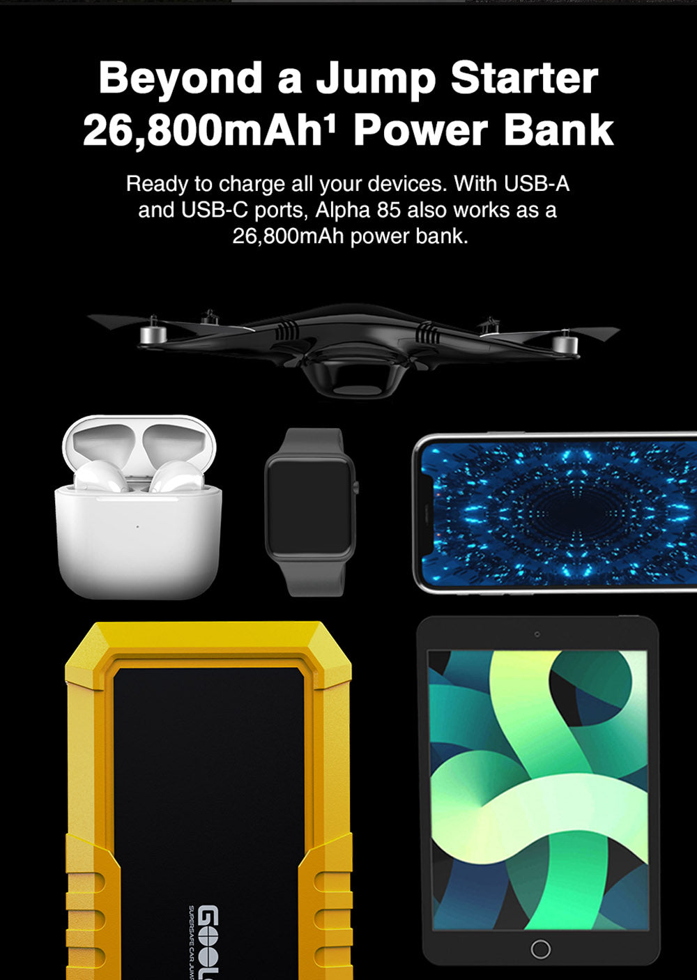 GOOLOO GP4000 PRO štartovací prístroj, 26800mAh powerbanka, 4000A špičkový prúd, 15V 10A DC výstup, 1W biela LED, 10L nafta