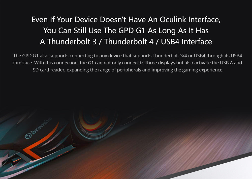 Rozširujúca stanica GPD G1 pre grafické karty, grafika AMD Radeon RX 7600M XT, 8 GB GDDR6 RAM, 128bit, 1*Oculink, 1*USB 4.0, 1*HDMI 2.1, 2*DP, 3*USB3.2, 1*SD 4.0, Tlačidlo TGP Toggle Key - EU zástrčka