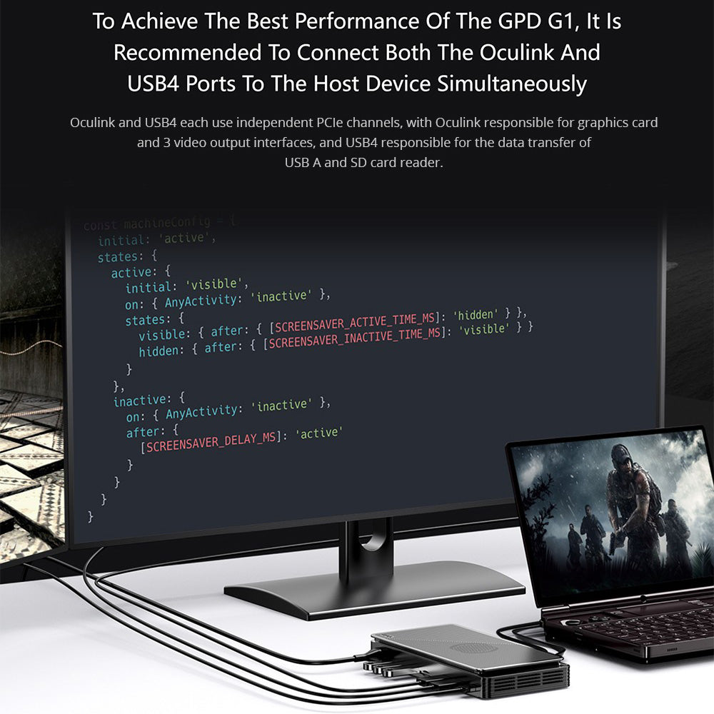 GPD G1 Graphics Card Expansion Dock, AMD Radeon RX 7600M XT Graphics, 8GB GDDR6 RAM, 128bit, 1*Oculink 1*USB 4.0 1*HDMI 2.1 2*DP 1.4a 3*USB 3.2 1*SD 4.0, TGP Toggle Key - EU Plug