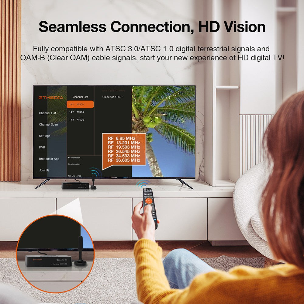 GTMEDIA HDTV Converter X1 TV Box, Android 11, ATSC 3.0 DRM, DVR nahrávanie, 4K HDR, integrovaný Miracast, 2GB RAM 32GB ROM, Bluetooth 5.0, 2.4G/5G WiFi - US zástrčka