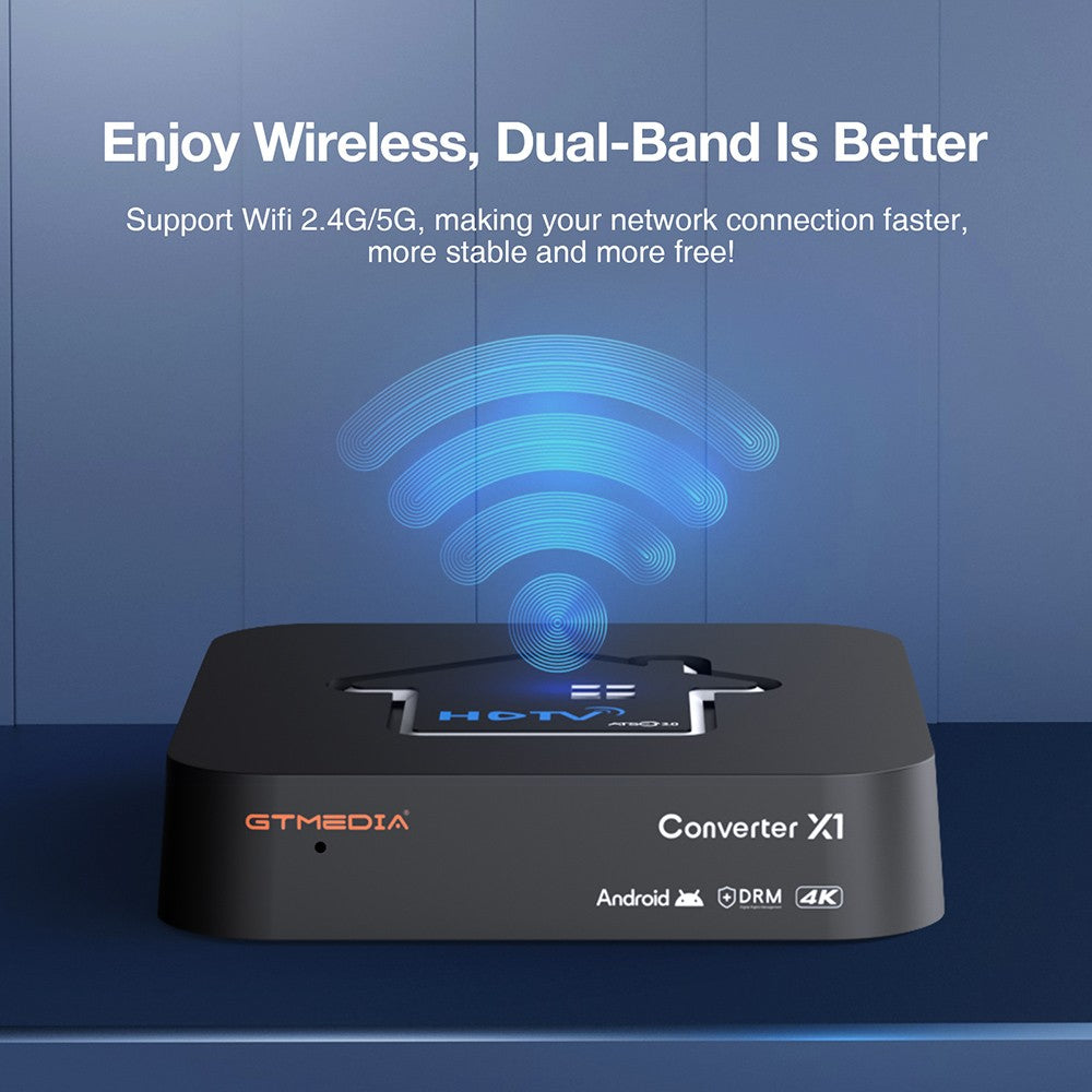 GTMEDIA HDTV Converter X1 TV Box, Android 11, ATSC 3.0 DRM, DVR nahrávanie, 4K HDR, integrovaný Miracast, 2GB RAM 32GB ROM, Bluetooth 5.0, 2.4G/5G WiFi - US zástrčka