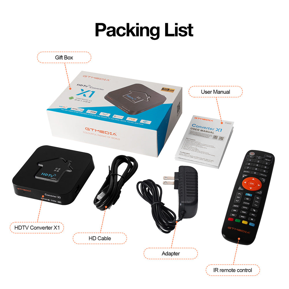 GTMEDIA HDTV Converter X1 TV Box, Android 11, ATSC 3.0 DRM, DVR nahrávanie, 4K HDR, integrovaný Miracast, 2GB RAM 32GB ROM, Bluetooth 5.0, 2.4G/5G WiFi - US zástrčka