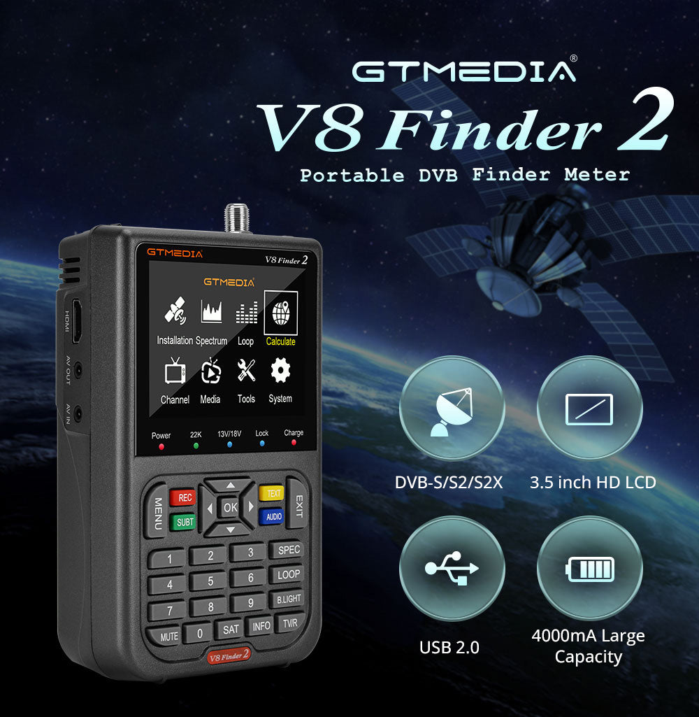 GTMEDIA V8 Finder 2 Snímač satelitného signálu, digitálny FTA DVB-S/S2/S2X merač signálu, detektor, prijímač - čierna farba