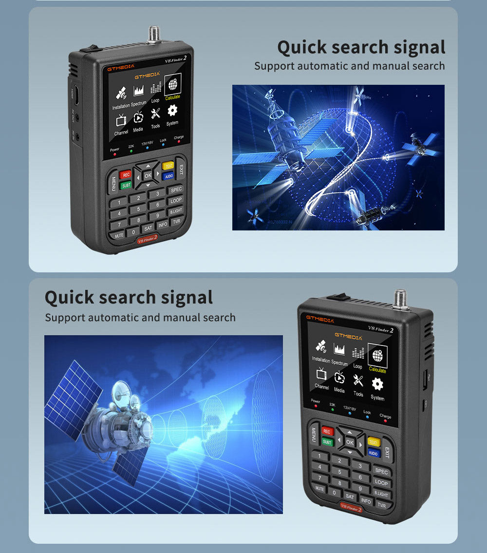 GTMEDIA V8 Finder 2 Snímač satelitného signálu, digitálny FTA DVB-S/S2/S2X merač signálu, detektor, prijímač - čierna farba