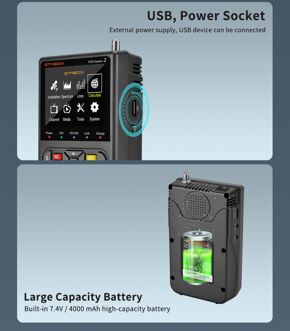 GTMEDIA V8 Finder 2 Snímač satelitného signálu, digitálny FTA DVB-S/S2/S2X merač signálu, detektor, prijímač - čierna farba