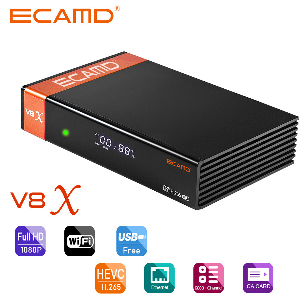 GTMEDIA ECAMD V8X LA DVB-S/S2/S2X Set Top Box, podpora MU3 IKS, integrované 2.4G WiFi, prijímač digitálneho TV signálu H.265, SCART výstup, slot na CA kartu, 1*LNB vstup, 1*HDMI, 1*AV výstup, 1*USB, 1*RJ45, 1*RS232 - EU