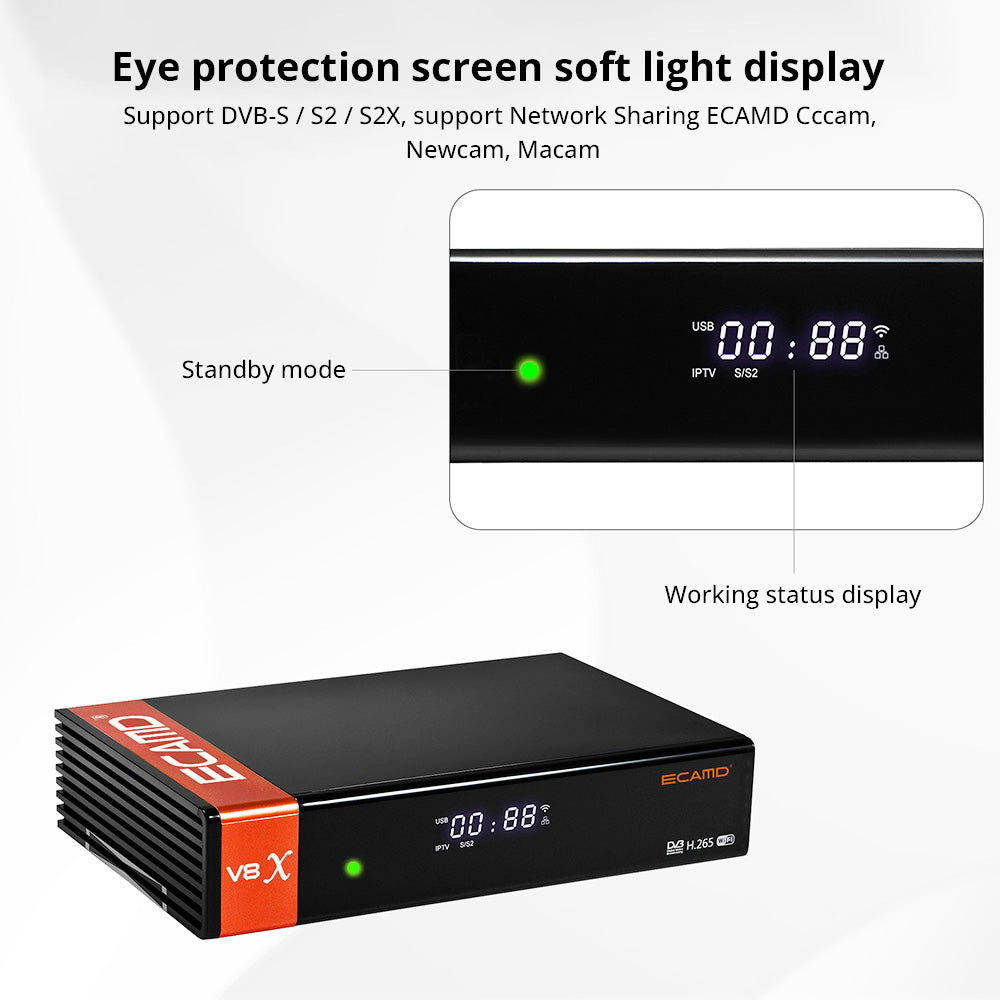 GTMEDIA ECAMD V8X LA DVB-S/S2/S2X Set Top Box, podpora MU3 IKS, integrované 2.4G WiFi, prijímač digitálneho TV signálu H.265, SCART výstup, slot na CA kartu, 1*LNB vstup, 1*HDMI, 1*AV výstup, 1*USB, 1*RJ45, 1*RS232 - EU