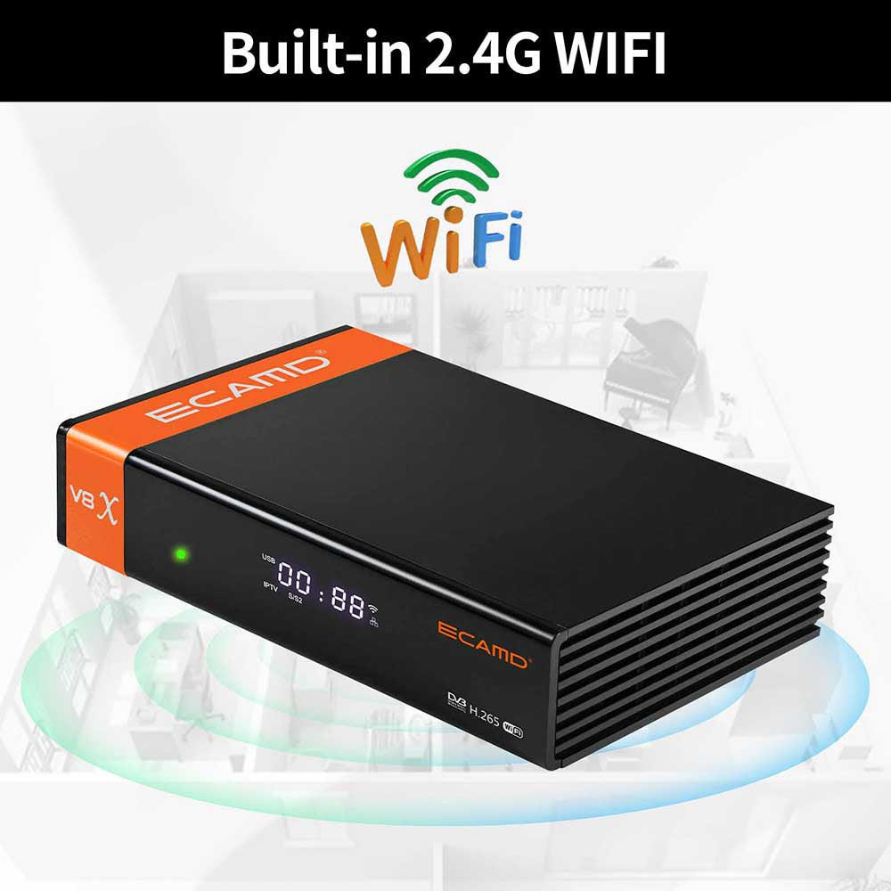 GTMEDIA ECAMD V8X LA DVB-S/S2/S2X Set Top Box, podpora MU3 IKS, integrované 2.4G WiFi, prijímač digitálneho TV signálu H.265, SCART výstup, slot na CA kartu, 1*LNB vstup, 1*HDMI, 1*AV výstup, 1*USB, 1*RJ45, 1*RS232 - EU