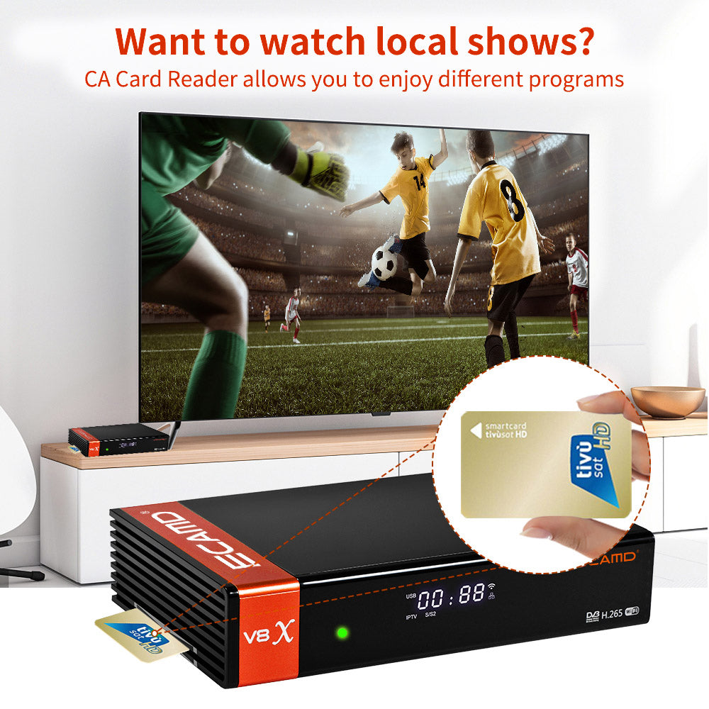 GTMEDIA ECAMD V8X LA DVB-S/S2/S2X Set-top box, podpora MU3 IKS, integrované 2,4 GHz WiFi, prijímač digitálneho TV signálu H.265, SCART výstup, slot na CA kartu, 1*LNB vstup, 1*HDMI, 1*AV výstup, 1*USB, 1*RJ45, 1*RS232 - EU