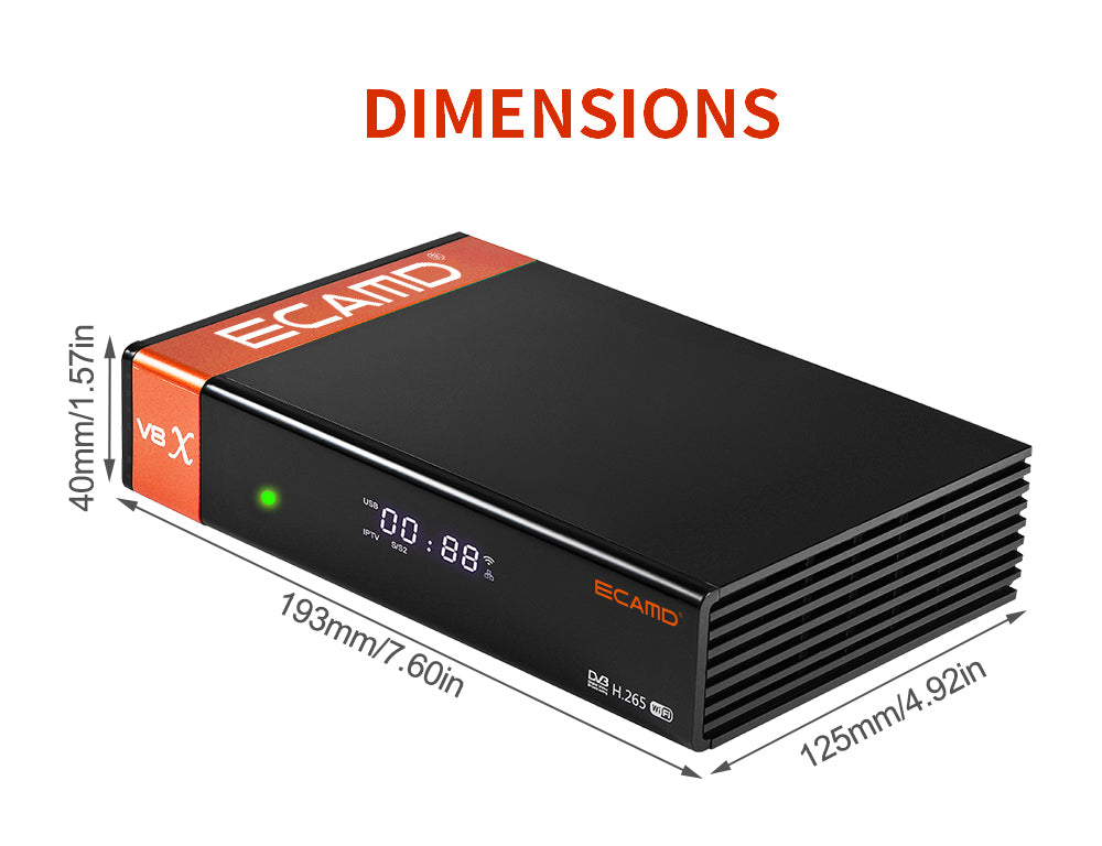 GTMEDIA ECAMD V8X LA DVB-S/S2/S2X Set-top box, podpora MU3 IKS, integrované 2,4 GHz WiFi, prijímač digitálneho TV signálu H.265, SCART výstup, slot na CA kartu, 1*LNB vstup, 1*HDMI, 1*AV výstup, 1*USB, 1*RJ45, 1*RS232 - EU