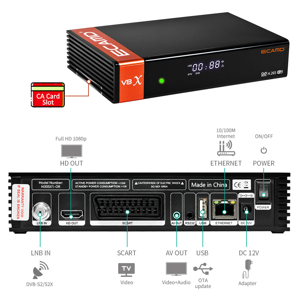 GTMEDIA ECAMD V8X LA DVB-S/S2/S2X Set-top box, podpora MU3 IKS, integrované 2,4 GHz WiFi, prijímač digitálneho TV signálu H.265, SCART výstup, slot na CA kartu, 1*LNB vstup, 1*HDMI, 1*AV výstup, 1*USB, 1*RJ45, 1*RS232 - EU