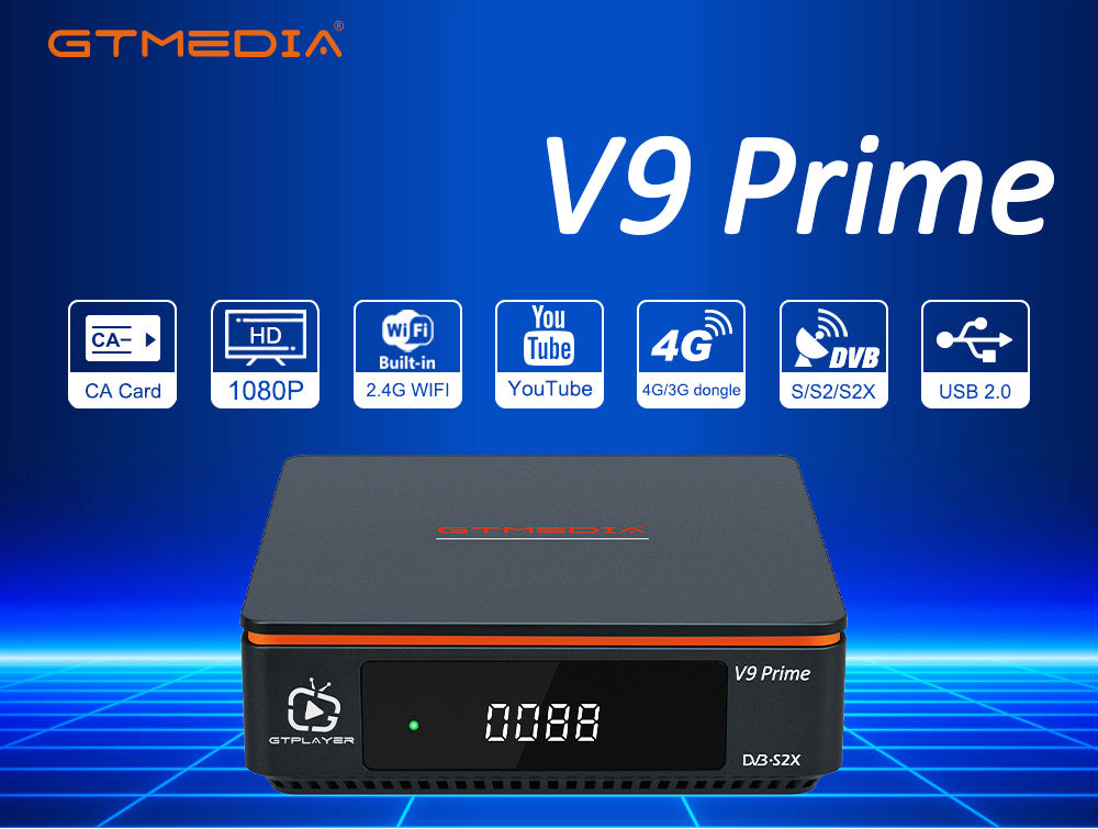 Satelitný prijímač GTMEDIA V9 Prime, DVB-S/S2/S2X, HEVC 10Bit, integrované 2.4G WiFi, podpora CA karty, automatické rolovací zobrazenie Biss - EU zástrčka