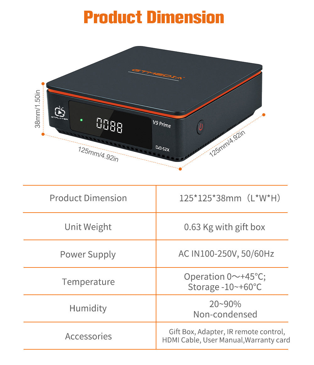 Satelitný prijímač GTMEDIA V9 Prime, DVB-S/S2/S2X, HEVC 10Bit, integrované 2.4G WiFi, podpora CA karty, automatické rolovací zobrazenie Biss - EU zástrčka