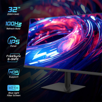 KTC H32T13 Gaming Monitor, 32 inch 2560*1440 16:9 IPS Screen, 100Hz Refresh Rate, FreeSync &amp; G-Sync, 1000:1 Contrast Ratio, Low Blue Light &amp; Flicker Free, 2*HDMI 2.0, 1*DP1.4, 1*Earphone Jack, VESA Mount